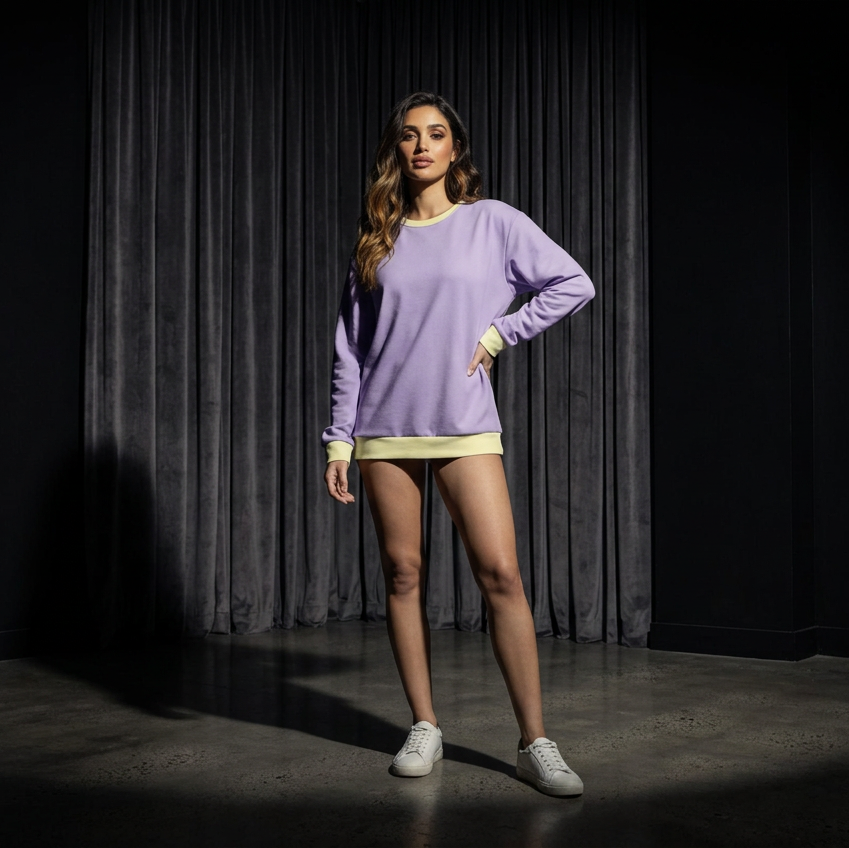 A woman stands in a studio wearing a lavender long-sleeve crewneck sweatshirt, a light yellow athletic skirt, and white sneakers, posed in front of dark gray curtains.